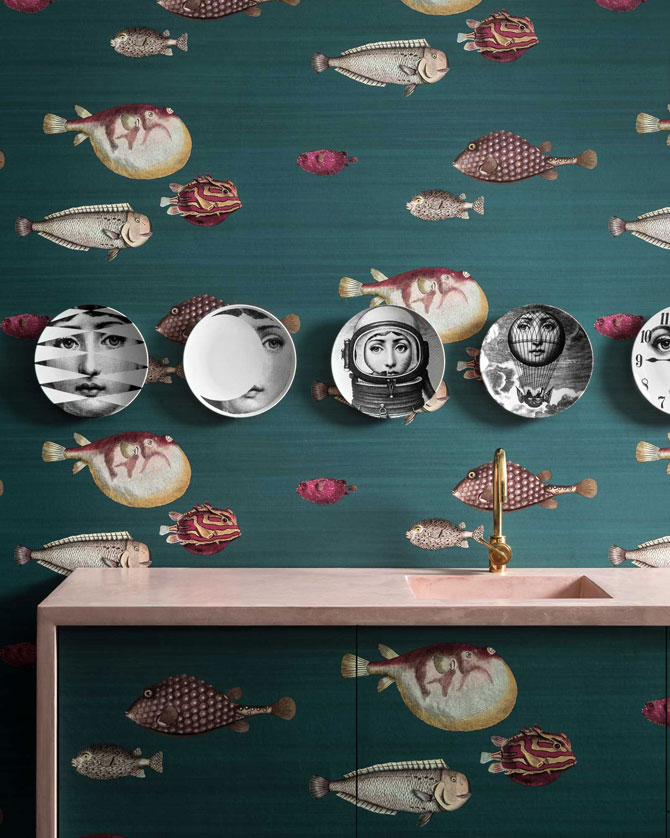 Raumbild Englische Tapete in der Küche grün, Fische