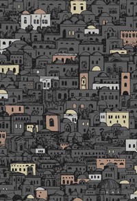 Englische Tapete mediterrane Häuser grau braun beige gelb rosa rot weiß Cole and Son Fornasetti Mediterranea 114-7013 aus Berlin Deutschland online kaufen